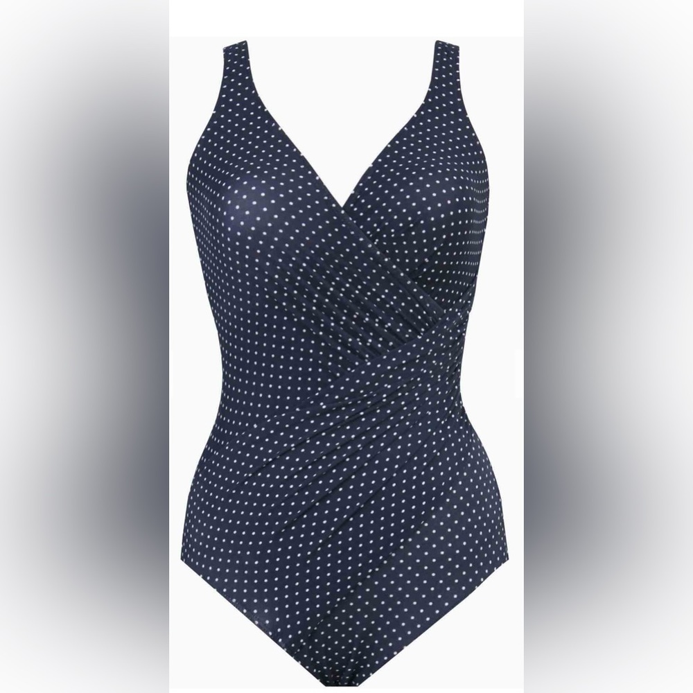 Miraclesuit Oceanus One Piece in Navy and White Pin Point Polka Dot 10 New